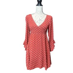 Blue Rain Burnt Orange and White Print Boho Mini Dress Size Small
